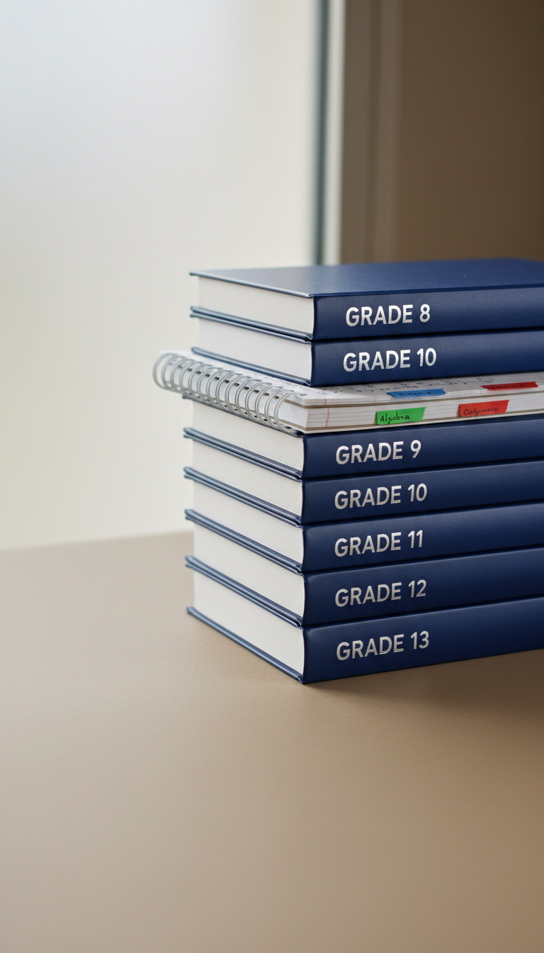 A stack of immaculate, hardbound math textbooks labeled with subtle metallic embossing for grades 7 through 13, arranged in decreasing size on a smooth taupe surface. Between the books is a single, color-coded, spiral-bound workbook slightly open, revealing carefully-printed formulas and color diagrams. Soft, indirect natural daylight from a nearby frosted window creates gentle gradients of light across the covers, while discrete shadows add dimensionality. The scene is composed using a rule of thirds with the stack slightly off-center. The mood is studious, organized, and aspirational, with photographic realism and a minimalist, structured aesthetic suitable for a math resource page.