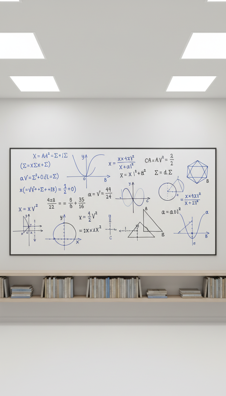 A large, modern dry erase board with neatly hand-drawn mathematical equations, graphs, and geometric figures in assorted blue and black markers, set within a well-lit, minimalist study room. The background features matte white walls and sleek shelving with neutral-toned math textbooks arranged precisely. Bright, soft overhead LED lighting bathes the space, eliminating harsh shadows and emphasizing the board's clean lines. The scene is photographed from an eye-level perspective with sharp focus throughout, highlighting clarity and order. The mood is intellectually stimulating yet approachable, utilizing a clean and structured, photographic style to reinforce the platform's professional education brand.