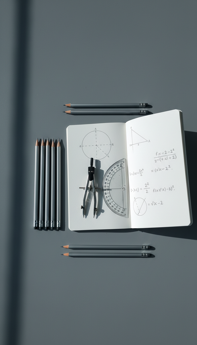 A meticulously arranged assortment of mathematical instruments, including a brushed stainless steel compass, a clear acrylic protractor, smooth graphite pencils, and a crisp white notebook displaying precise geometric diagrams and algebraic symbols. These items are laid out on a matte slate-gray desk with gentle reflections. Cool, diffused daylight enters from an unseen side window, casting soft highlights and defined shadows that accentuate the instruments' textures. The composition is balanced and symmetrical, captured from a slightly elevated, centered angle, conveying a sense of organization and clarity. The atmosphere is calm, professional, and focused, embodying a photographic realism with a clean lines and structured, corporate aesthetic, perfectly suited for a math education platform's homepage.